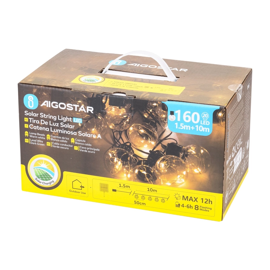 AIGOSTAR  LED SOLAR KERST LICHTSNOER 20XLED/8 FUNCTIES 11,5M IP65 WARM WIT
