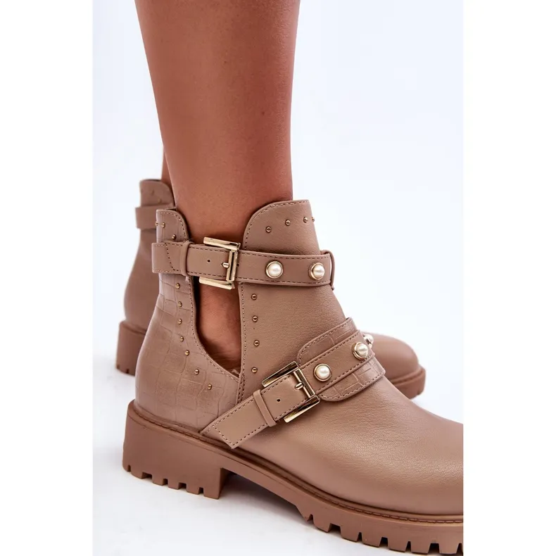 Damestrapperlaarzen met parels Beige Klarisa