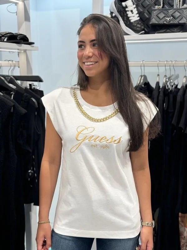 GUESS  SS CN CRYSTAL LOGO TEE  WIT