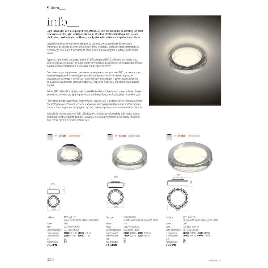 REDO 013589  LED PLAFONDLAMP SOLERA LED/24W/230V DIAMETER 35 CM CRI 93 3000/4000K GRIJS